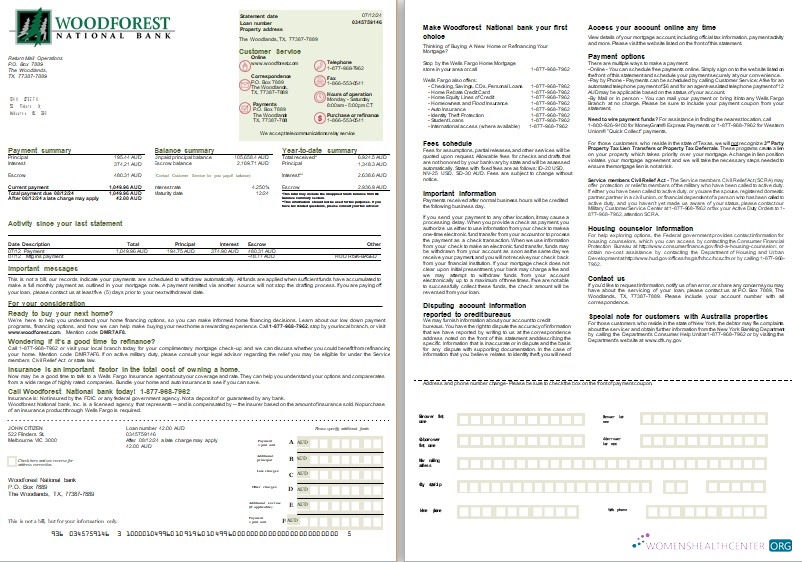 Download Australia Woodforest National bank mortgage statement, 2 pages, 1 2 scr Photoshop template
